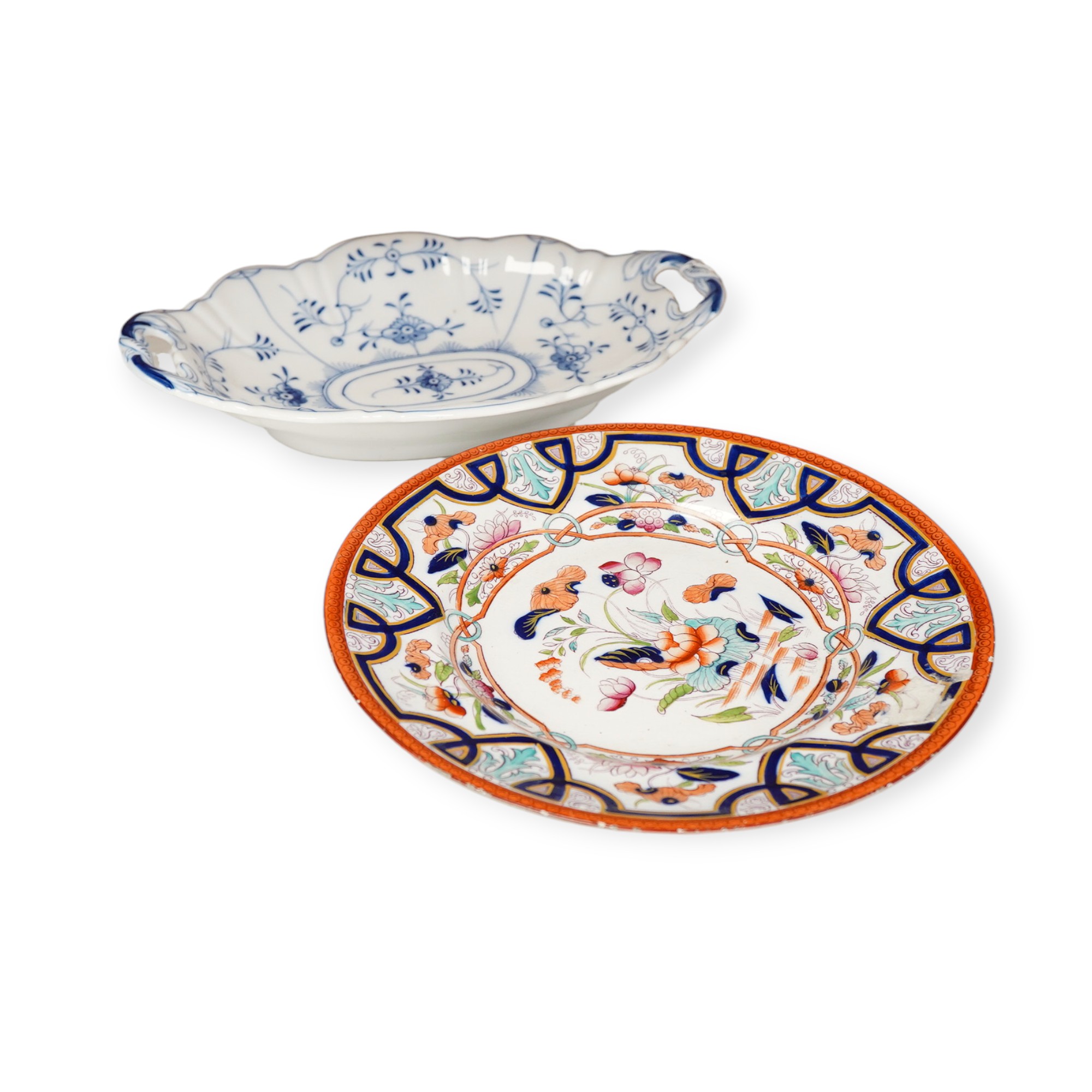 An Imari style plate after a design by Christopher Dresser, together with a Herend onion pattern side dish - 28cm wide